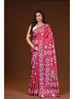 Ramshyam Collection - Womens Kantha Silk Blend Thread Work Pink Saree with Unstitched Blouse
