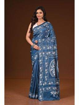 Ramshyam Collection - Womens Kantha Silk Blend Thread Work Teal Saree with Unstitched Blouse