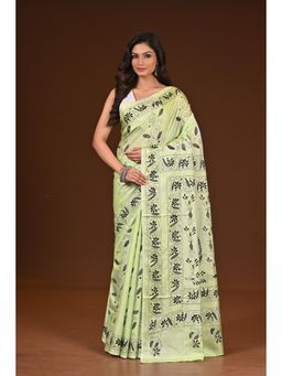 Ramshyam Collection - Womens Kantha Silk Blend Thread Work Green Saree with Unstitched Blouse