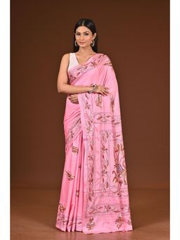 Ramshyam Collection - Womens Kantha Silk Blend Thread Work Pink Saree with Unstitched Blouse