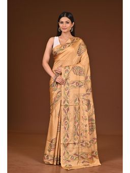 Ramshyam Collection - Womens Kantha Silk Blend Thread Work Beige Saree with Unstitched Blouse