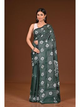 Ramshyam Collection - Womens Kantha Silk Blend Thread Work Green Saree with Unstitched Blouse