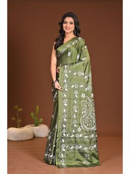 Ramshyam Collection - Womens Silk Blend Embroidered Thread Work Green Saree with Unstitched Blouse