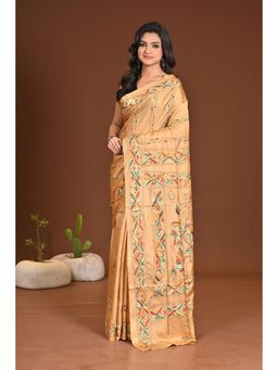 Ramshyam Collection - Womens Silk Blend Embroidered Thread Work Yellow Saree with Unstitched Blouse
