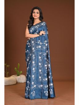 Ramshyam Collection - Womens Silk Blend Embroidered Thread Work Teal Saree with Unstitched Blouse