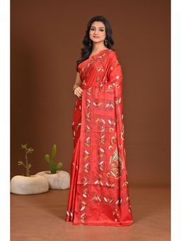 Ramshyam Collection - Womens Silk Blend Embroidered Thread Work Red Saree with Unstitched Blouse