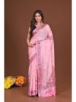 Ramshyam Collection - Womens Kantha Silk Blend Printed Thread Work Pink Saree with Unstitched Blouse