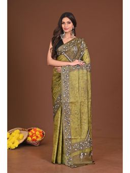 Ramshyam Collection - Womens Kantha Silk Blend Printed Olive Saree with Unstitched Blouse