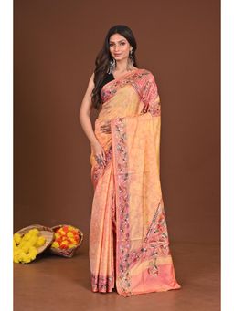 Ramshyam Collection - Womens Kantha Silk Blend Printed Thread Work Orange Saree with Unstitched Blouse