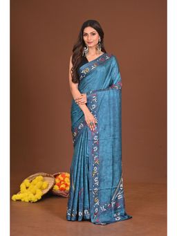 Ramshyam Collection - Womens Kantha Silk Blend Printed Thread Work Blue Saree with Unstitched Blouse