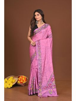 Ramshyam Collection - Womens Kantha Silk Blend Printed Thread Work Pink Saree with Unstitched Blouse