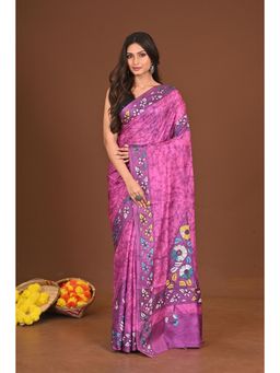 Ramshyam Collection - Womens Kantha Silk Blend Printed Thread Work Pink Saree with Unstitched Blouse