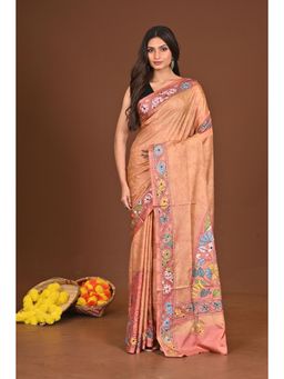 Ramshyam Collection - Womens Kantha Silk Blend Thread Work Orange Saree with Unstitched Blouse