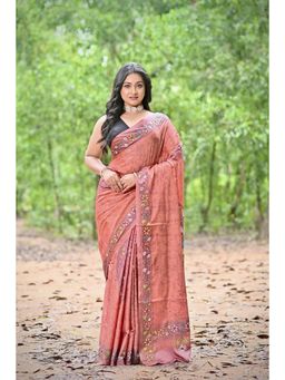 Ramshyam Collection - Womens Silk Blend Embroidered Thread Work Pink Saree with Unstitched Blouse