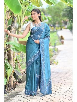 Ramshyam Collection - Womens Silk Blend Embroidered Thread Work Blue Saree with Unstitched Blouse