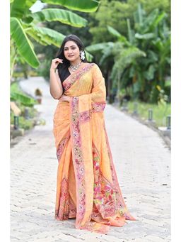 Ramshyam Collection - Womens Silk Blend Printed Thread Work Yellow Saree with Unstitched Blouse