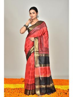 Ramshyam Collection - Womens Kantha Art Silk Printed Zari Red Saree with Unstitched Blouse