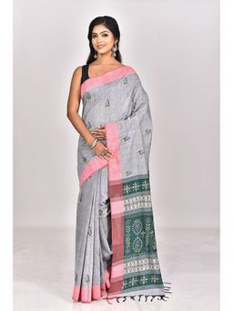 Ramshyam Collection - Womens Kantha Pure Cotton Embroidered Grey Saree with Unstitched Blouse
