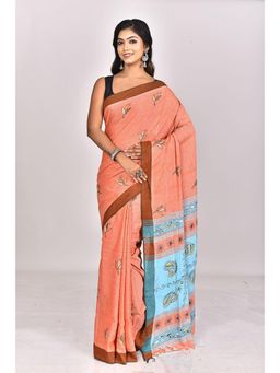 Ramshyam Collection - Womens Kantha Pure Cotton Thread Work Orange Saree with Unstitched Blouse