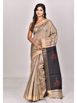 Ramshyam Collection - Womens Dupion Silk Woven Beige Saree with Unstitched Blouse