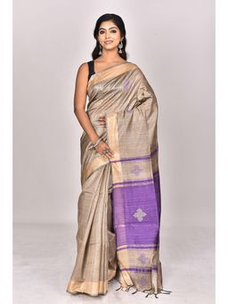Ramshyam Collection - Womens Dupion Silk Woven Beige Saree with Unstitched Blouse