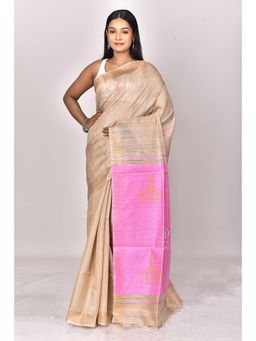 Ramshyam Collection - Womens Kantha Dupion Silk Woven Beige Saree with Unstitched Blouse