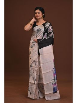 Ramshyam Collection - Womens Kantha Silk Printed Beige Saree with Unstitched Blouse