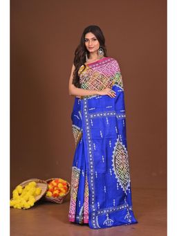 Ramshyam Collection - Womens Kantha Silk Printed Blue Saree with Unstitched Blouse