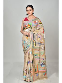 Ramshyam Collection - Womens Kantha Silk Embroidered Thread Work Beige Saree with Unstitched Blouse