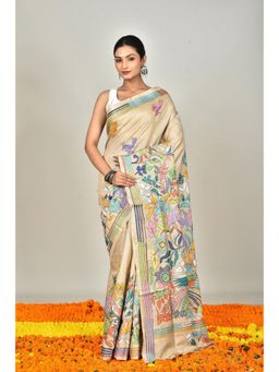 Ramshyam Collection - Womens Kantha Silk Embroidered Thread Work Beige Saree with Unstitched Blouse