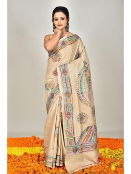 Ramshyam Collection - Womens Kantha Silk Embroidered Thread Work Beige Saree with Unstitched Blouse