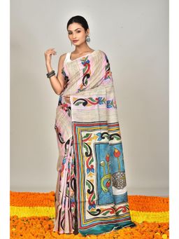 Ramshyam Collection - Womens Kantha Silk Printed Grey Saree with Unstitched Blouse