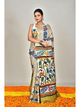 Ramshyam Collection - Womens Kantha Silk Printed Grey Saree with Unstitched Blouse