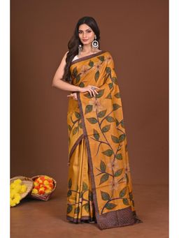 Ramshyam Collection - Womens Kantha Silk Printed Mustard Saree with Unstitched Blouse