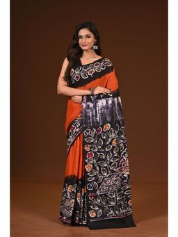 Ramshyam Collection - Womens Pure Cotton Hand Painted Job Orange Saree with Unstitched Blouse