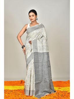 Ramshyam Collection - Womens Kantha Silk Embroidered Thread Work White Saree with Unstitched Blouse
