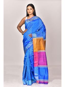 Ramshyam Collection - Womens Kantha Silk Checks Printed Blue Saree with Unstitched Blouse