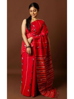 Ramshyam Collection - Womens Kantha Pure Cotton Woven Red Saree with Unstitched Blouse