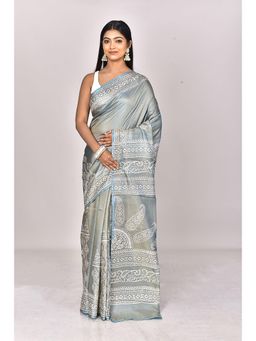 Ramshyam Collection - Womens Daily Wear Silk Block Printed Grey Saree with Unstitched Blouse