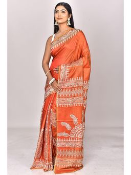 Ramshyam Collection - Womens Daily Wear Silk Printed Rust Saree with Unstitched Blouse
