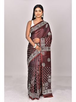 Ramshyam Collection - Womens Daily Wear Silk Printed Brown Saree with Unstitched Blouse