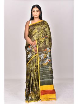 Ramshyam Collection - Womens Kantha Silk Printed Green Saree with Unstitched Blouse
