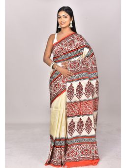 Ramshyam Collection - Womens Daily Wear Silk Printed Cream Saree with Unstitched Blouse
