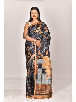 Ramshyam Collection - Womens Kantha Silk Printed Black Saree with Unstitched Blouse
