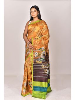 Ramshyam Collection - Womens Kantha Silk Printed Mustard Saree with Unstitched Blouse
