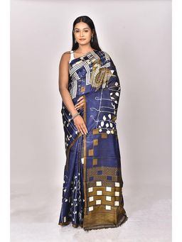 Ramshyam Collection - Womens Kantha Silk Printed Navy Blue Saree with Unstitched Blouse