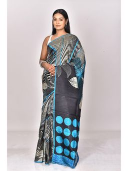 Ramshyam Collection - Womens Kantha Silk Printed Black Saree with Unstitched Blouse