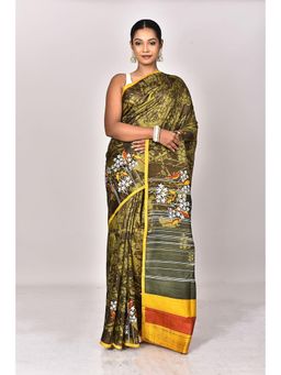 Ramshyam Collection - Womens Daily Wear Silk Printed Olive Saree with Unstitched Blouse