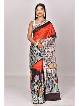 Ramshyam Collection - Womens Silk Printed Red Saree with Unstitched Blouse