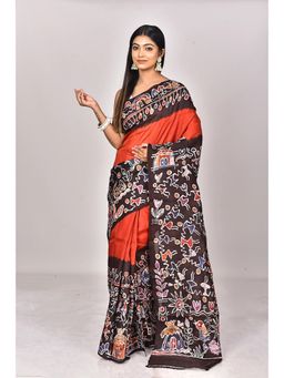 Ramshyam Collection - Womens Silk Printed Rust Saree with Unstitched Blouse